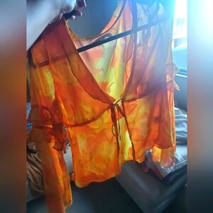 Urban Outfitters Sheer Orange and Yellow Bell Sleeve Tie Front Top